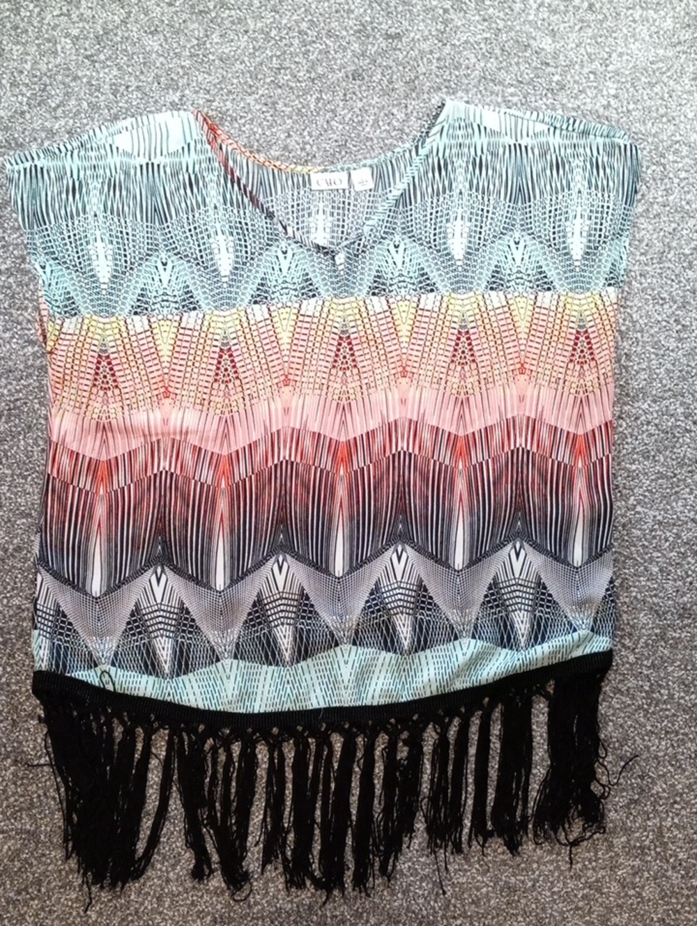 Cato Multicolor Geometric Fringe Hem Top